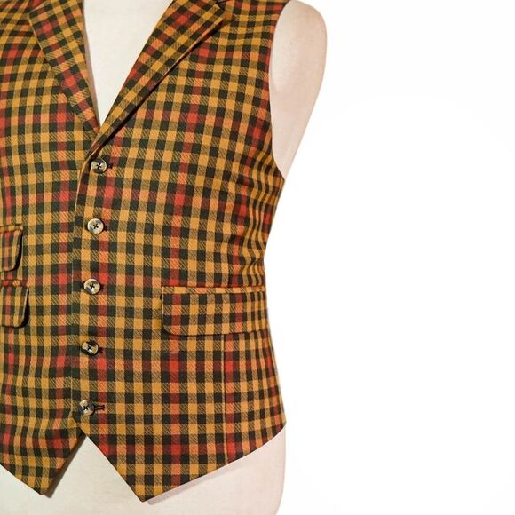 Mens 46R Wool Plaid Check Vest Waistcoat Yellow Red Orange Formal Wedding Party - Picture 5 of 8